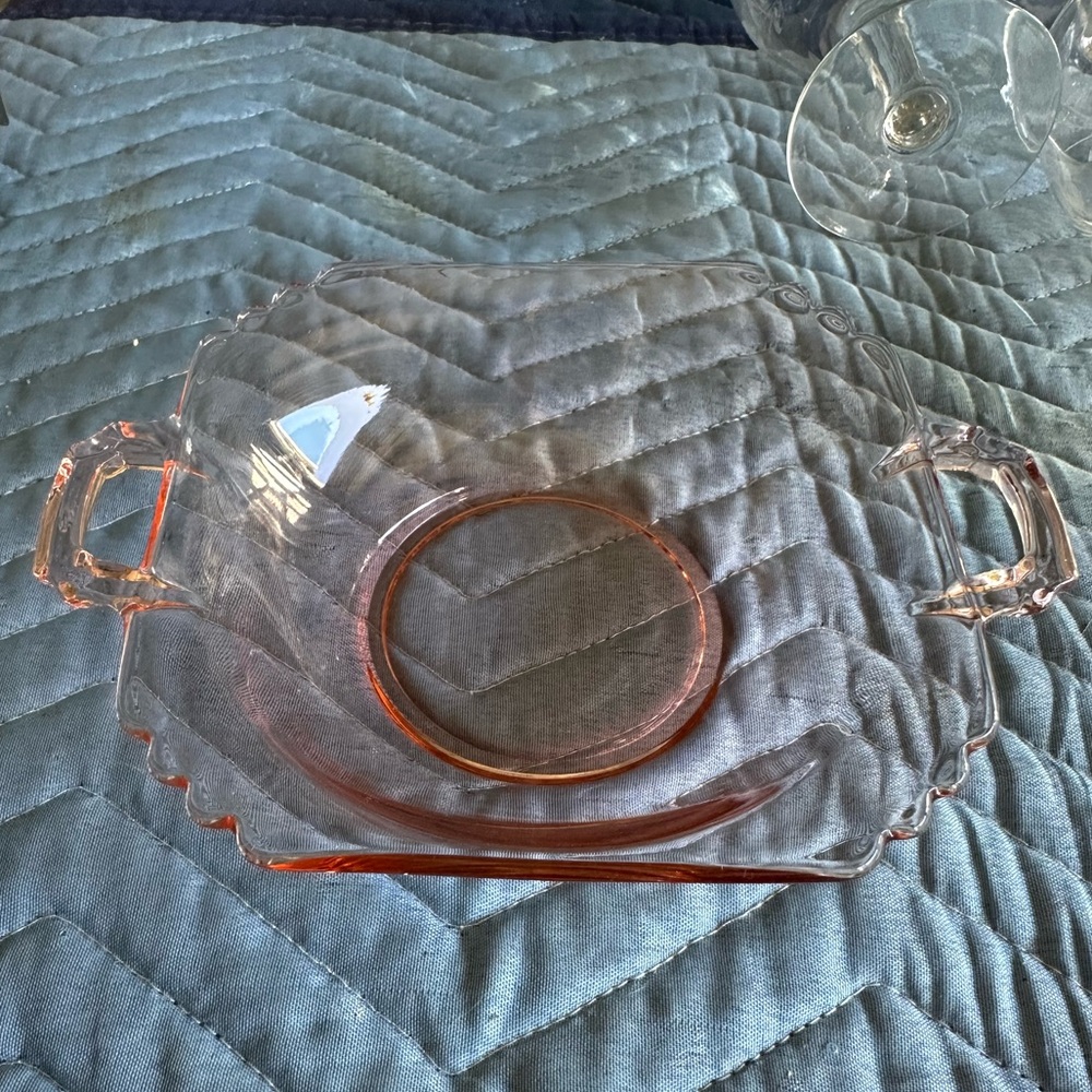 Pink Depression Glass Dish with Handles & Scalloped Edge Serveware